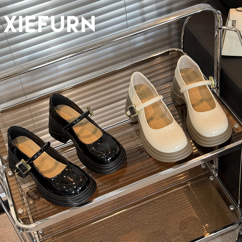 XIEFURN/鞋夫人法式粗跟学院风皮鞋2025春秋配裙子圆头玛丽珍单鞋