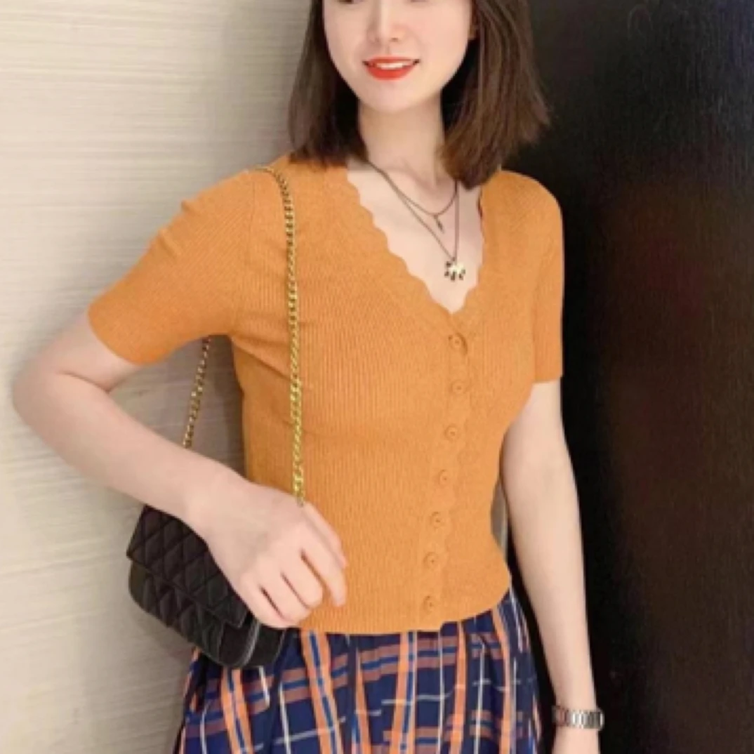 不退换 春夏气质花边V领修身短短袖针织开衫1499137-1T35762