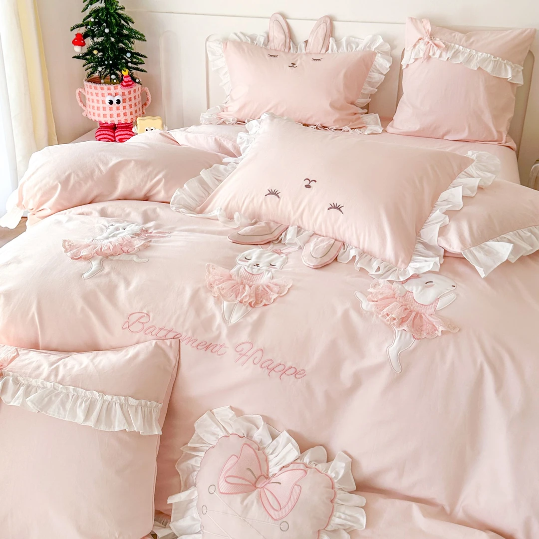可爱少女心儿童纯棉100％全棉四件套公主风小兔子被套床单三件套4