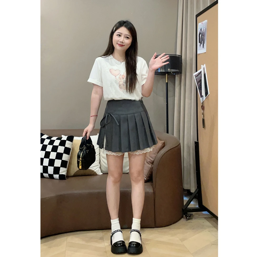 大萌萌 时尚蕾丝印花短袖T恤夏季微胖显瘦+高腰百褶裙P225Y11492