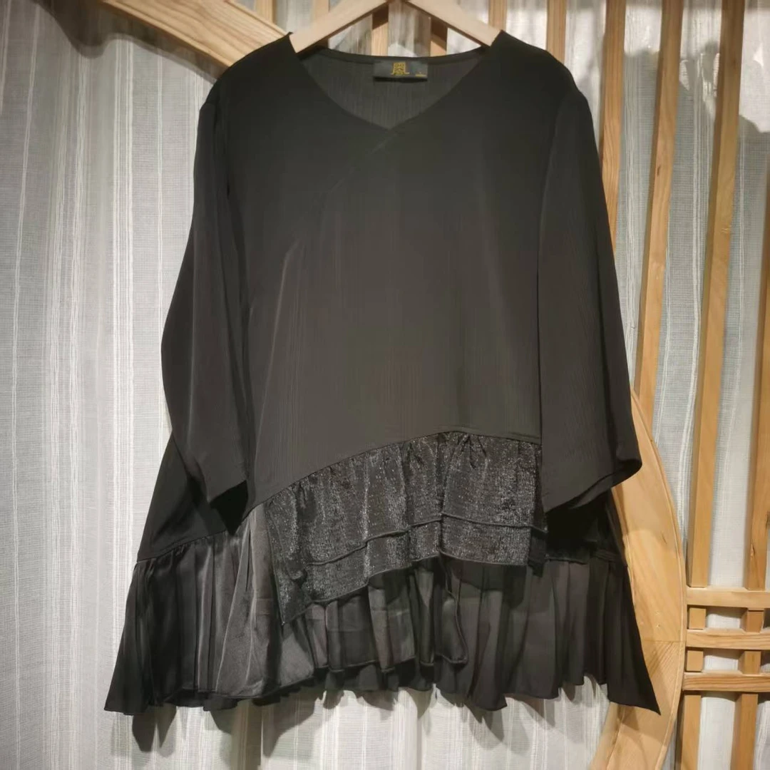 凤徕兮私人定制黑色v领加纱不规则设计款上衣(LS366-3)轻薄