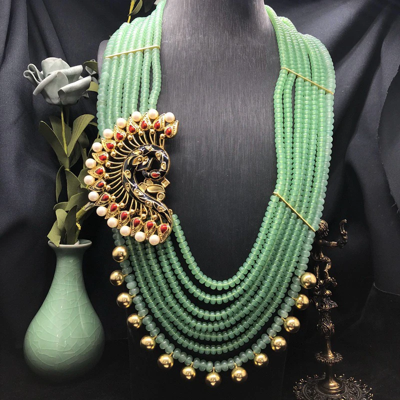 铜合金项链 欧美复古风多股绿色琉璃算盘珠百搭串珠项链毛衣链