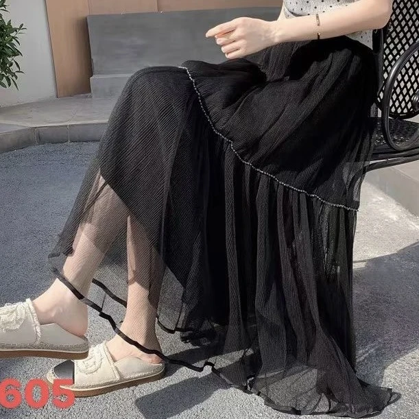 【原创设计】夏装新款气质半身裙女显瘦钉珠百搭中长高腰花边伞裙