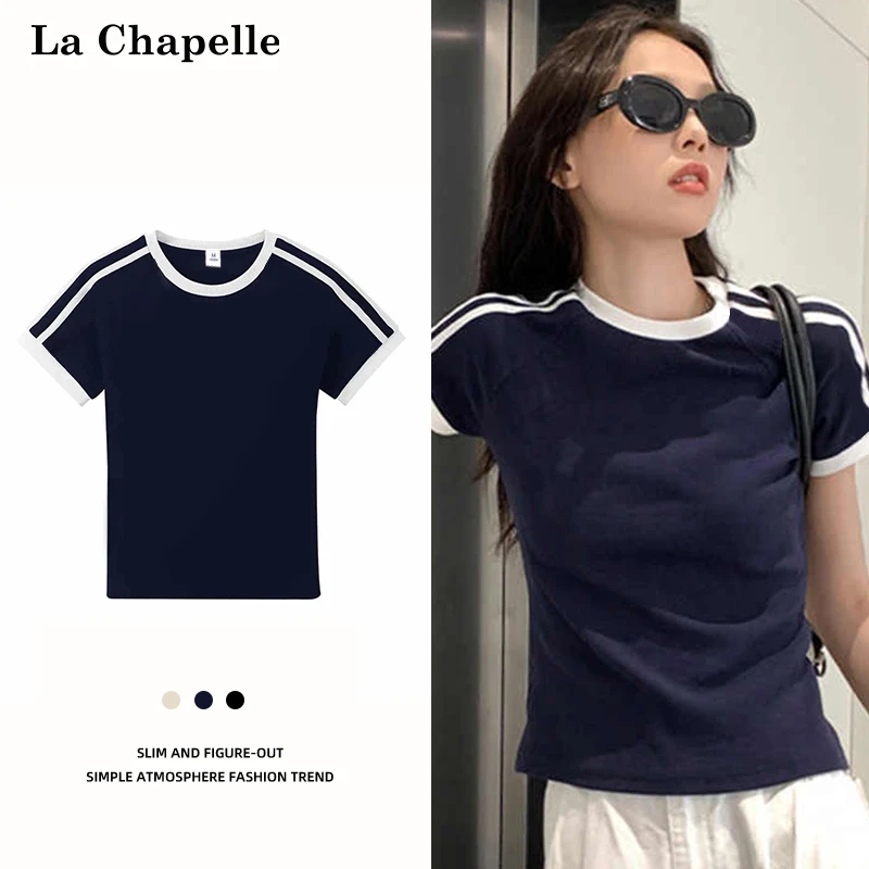 拉夏贝尔藏青色两条杠条正肩短袖T恤女2025夏季新款小个子短上衣X