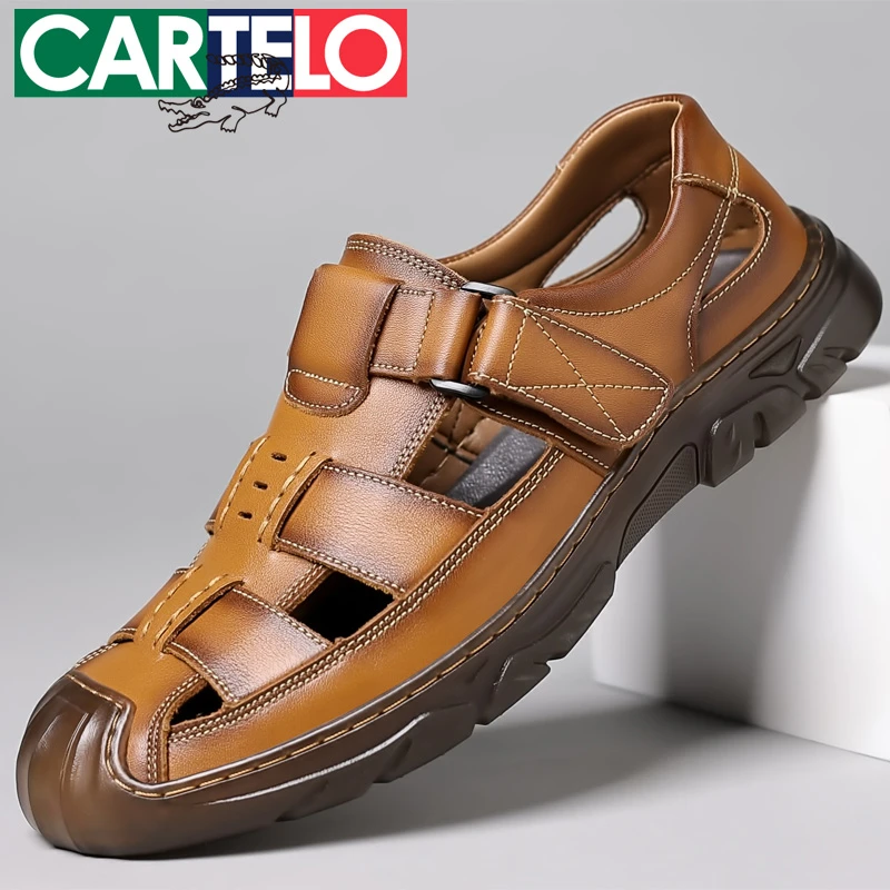 CARTELO/卡帝乐鳄鱼夏季洞洞鞋新款真皮透气包头防滑镂空休闲皮鞋