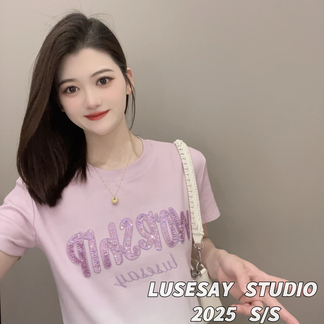 LUSESAY 渐变字母小花刺绣 2025夏季新款 短袖T恤女百搭显瘦上衣