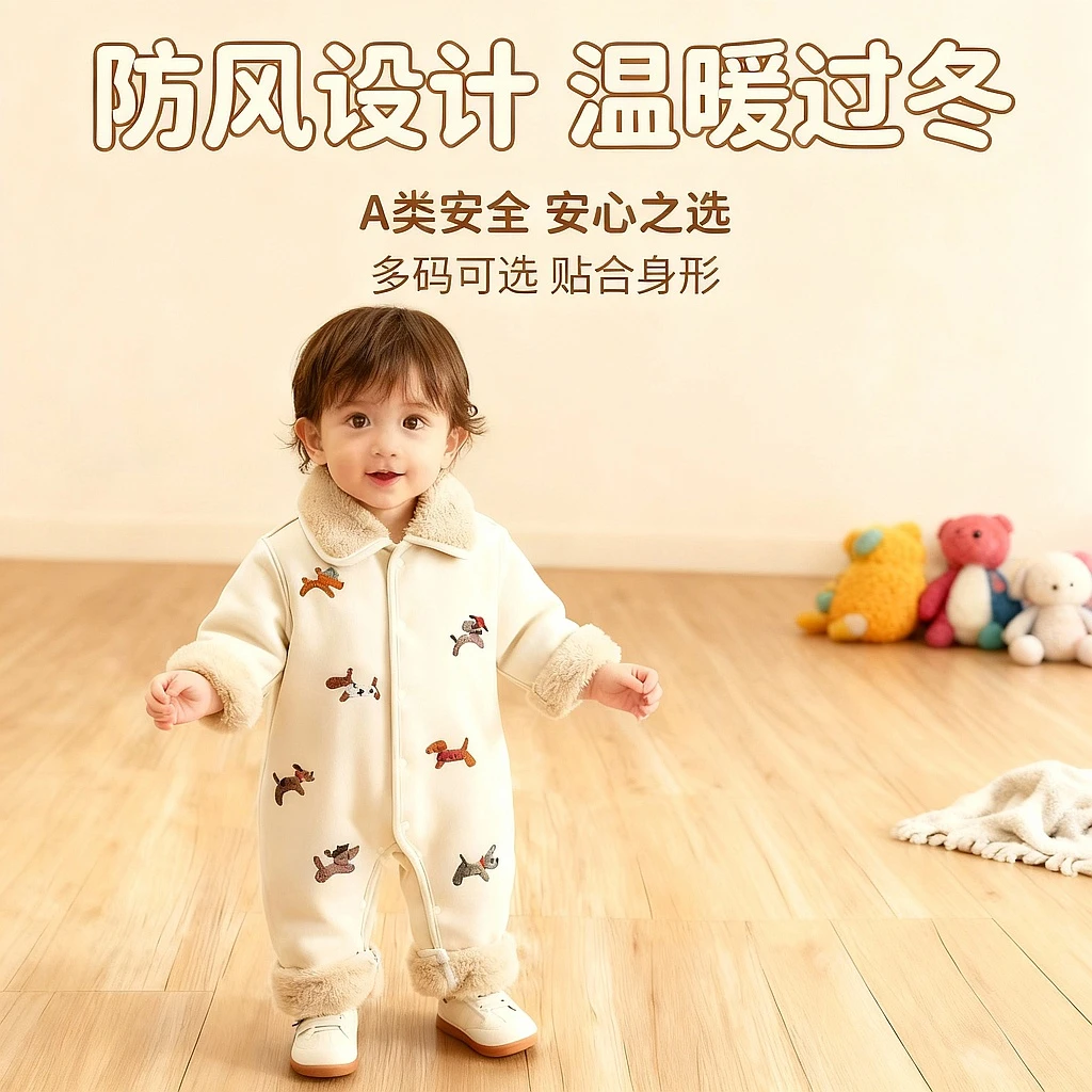 冬季新款七兄弟香肠犬联盟男女宝防风加绒刺绣连体哈衣爬服外出服
