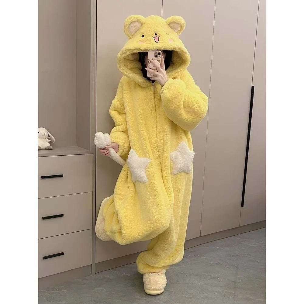 少女百变小樱珊瑚绒一体式连体睡衣女加绒加厚冬季新款居家绒睡袍