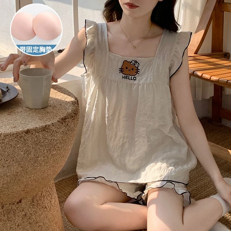 夏季小飞袖睡衣女带胸垫梭织云朵棉可爱背心夏天家居服两件套装