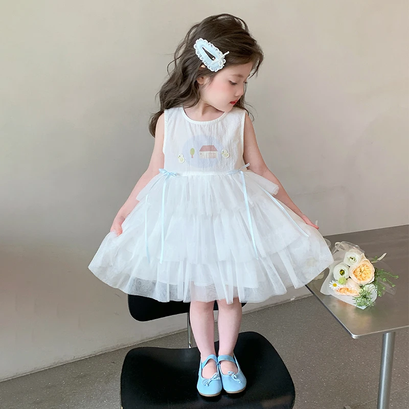 小女孩夏装洋气女童六一无袖连衣裙白色女宝宝背心裙时髦公主纱裙
