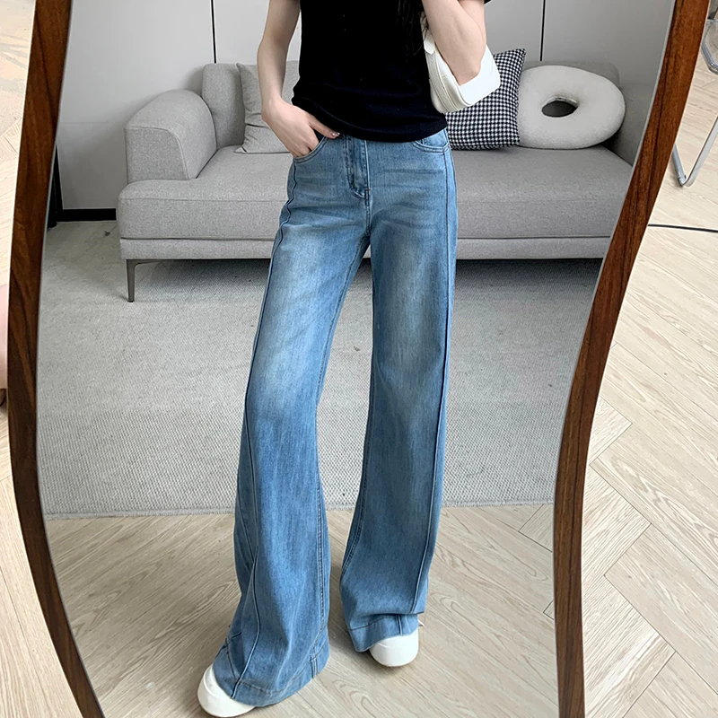 春日欧若蓝双缝线高腰显瘦微喇牛仔裤女2025新款阔腿直筒拖地裤子