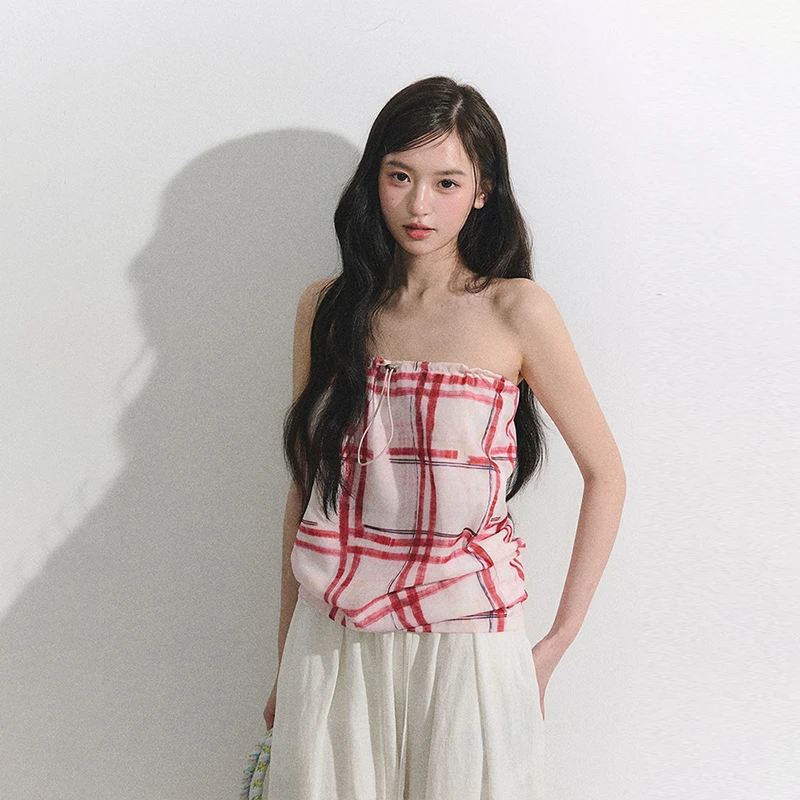 OIOI ESSE/"雾玫的格律"浅春系列复古手绘印花红色格子抹胸上衣女