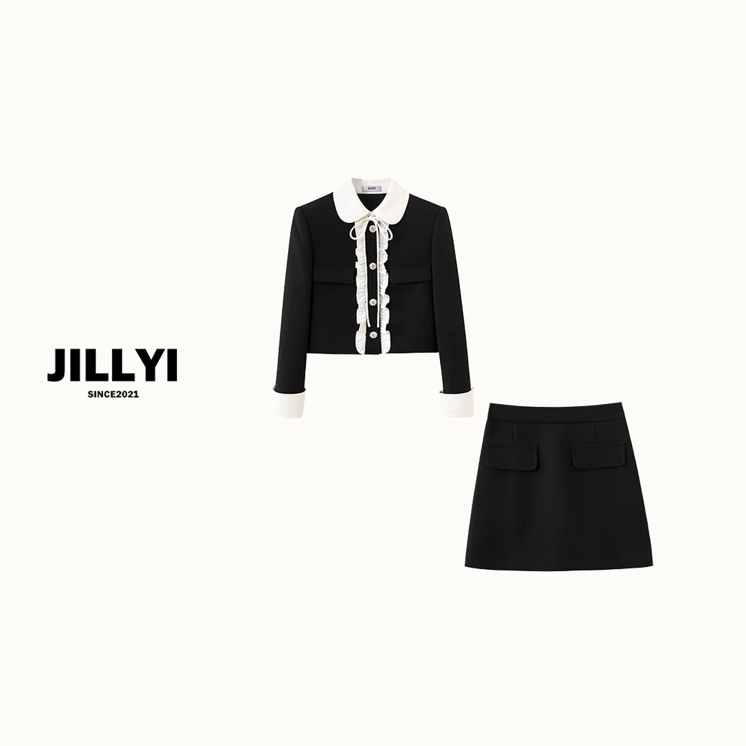 JILLYI珠海店【秋日风眠】黑色领口蝴蝶结绑带外套+黑色半裙时尚套