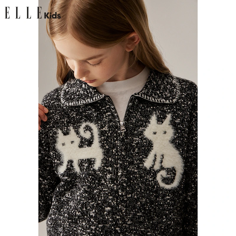 ELLE KIDS 童装法式花纱翻领猫咪百搭毛衣开衫针织复古可爱秋季Q1