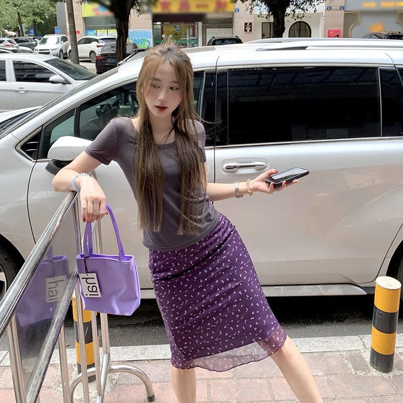 韩系复古碎花半身裙夏季新款高腰显瘦时尚辣妹薄款紫色裙子两件套