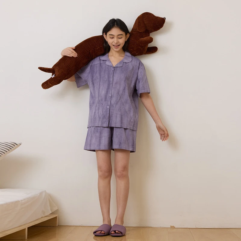【美家臣】薄款女士睡衣夏季新疆棉开衫短袖短裤宽松休闲家居服套装