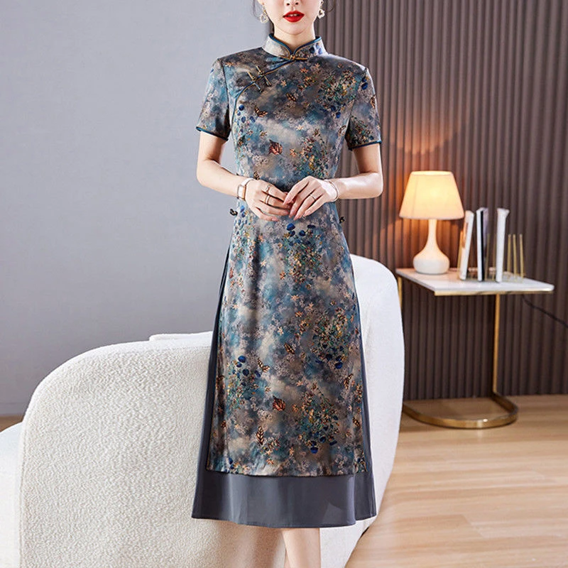 王小鸭复古改良真丝旗袍裙缎面印花桑蚕丝连衣裙2025款过膝中长裙