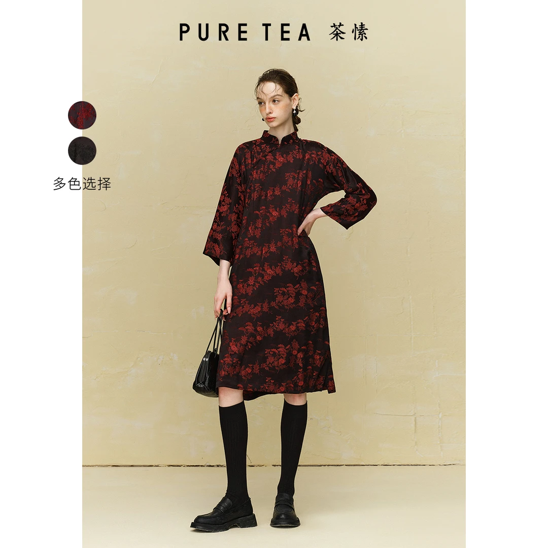 【秀场同款】茶愫新中式立领斜门襟玫瑰提花连衣裙秋TD3103C31