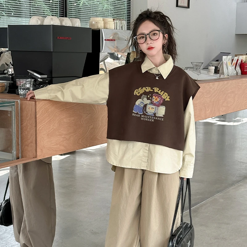 女童秋装2025新款时尚套装洋气时髦马甲衬衫春秋款休闲潮酷三件套