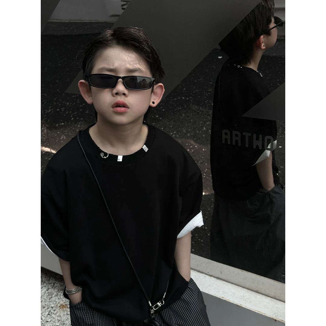 25838儿童短袖25夏款金属DIY磨破T恤男童大童t恤个性洋气半袖韩版