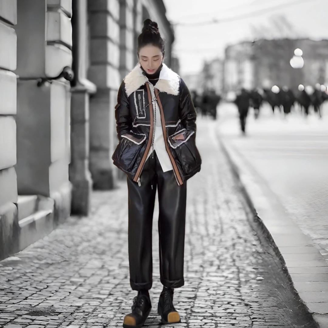 3035欧货原单尾货皮毛拼接撞色90白鸭绒羽绒服黑色女款短款