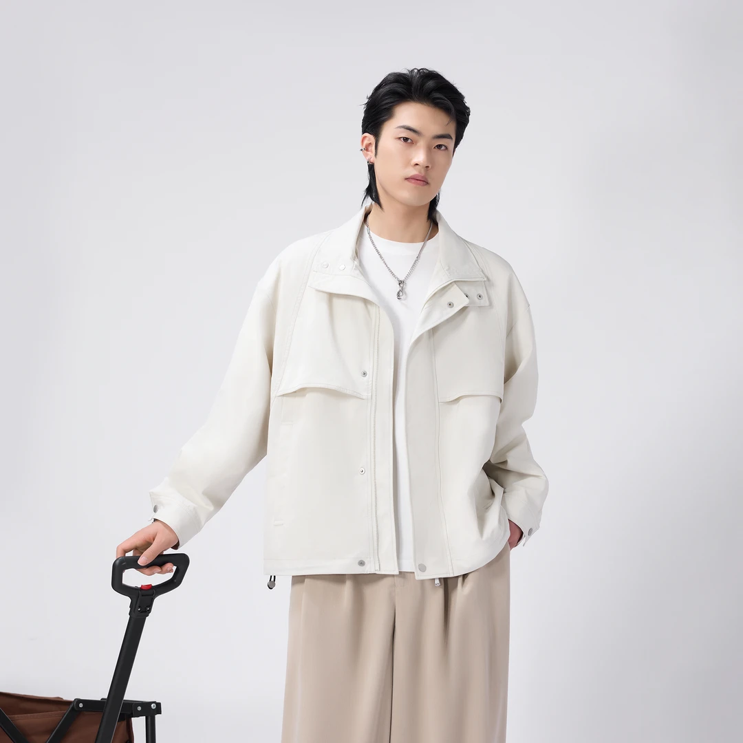 HERBEL/黑白2025秋季男士夹克外套百搭宽松潮流休闲复古立领白色