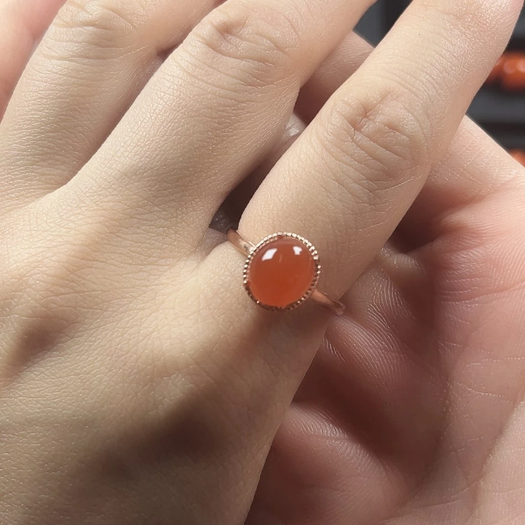 南红玛瑙银S925镶嵌珠宝奇石戒指