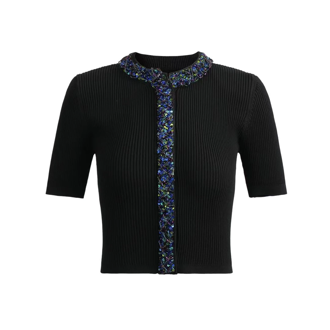 网红长袖圆领常规毛针织衫菱形格时尚小香风毛衣黑白