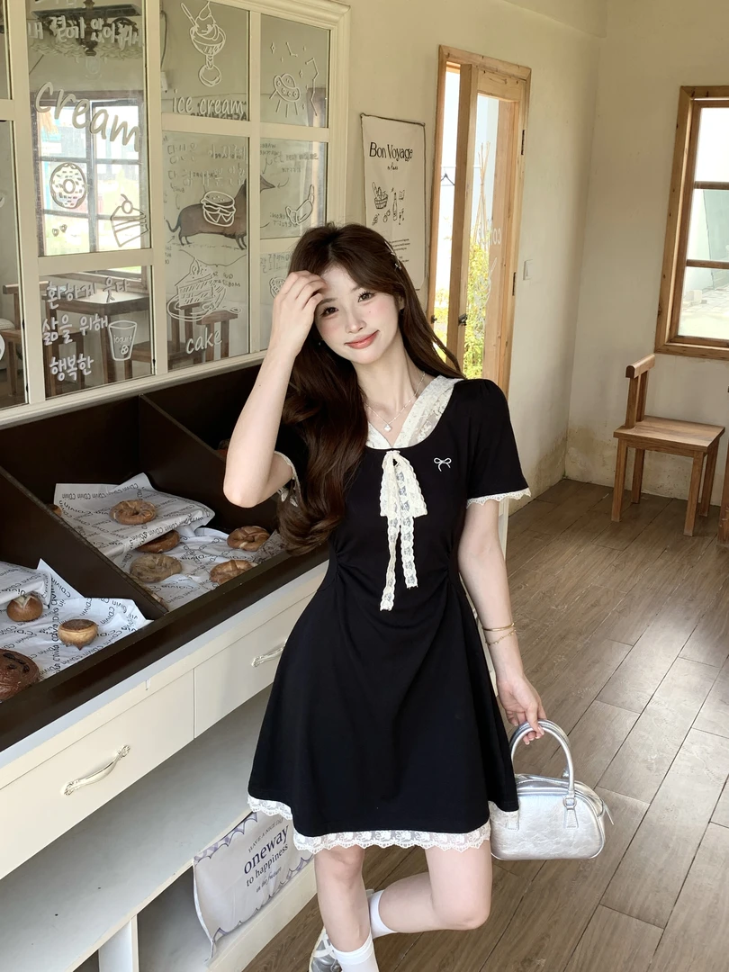 2025夏季新款胖mm大码蕾丝拼接蝴蝶结连衣裙法式温柔风裙子80157