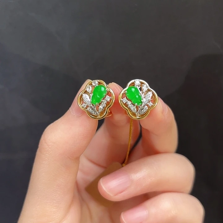 翡翠18K金镶嵌耳饰翡翠葫芦耳饰多人不退不换