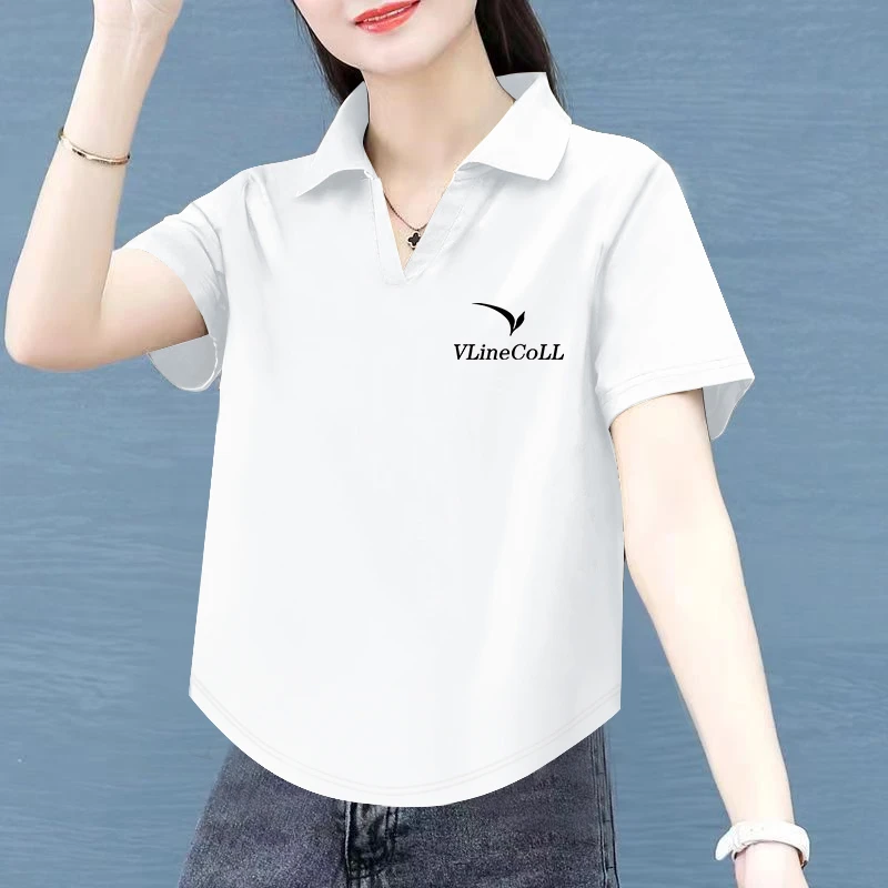 冰瓷棉短袖百搭夏季短袖字母韩版翻领显瘦印花休闲中年女士打底衫