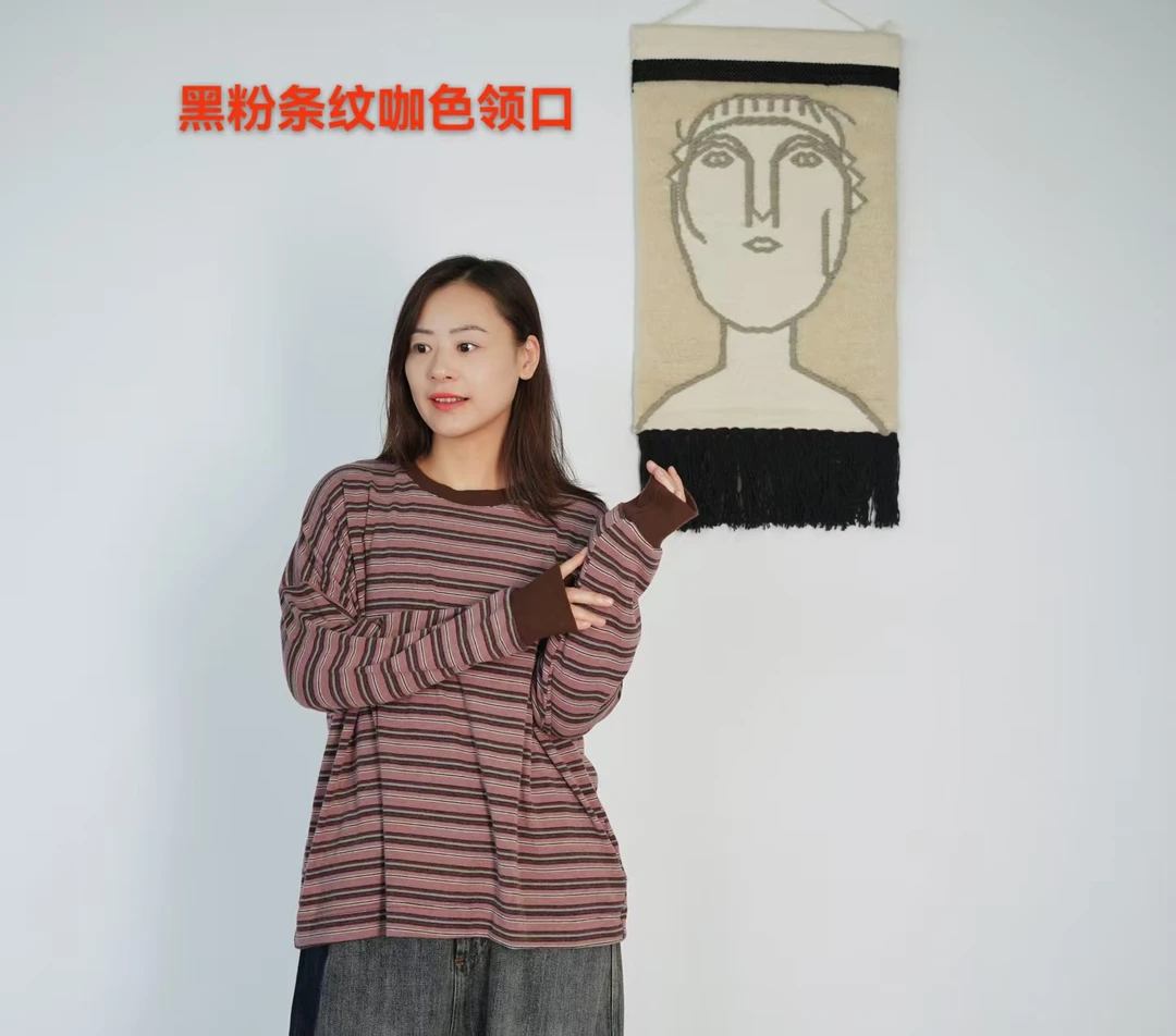 素朴布衣 荼原创332263秋新多色撞色条纹宽松显瘦减龄圆领长袖女