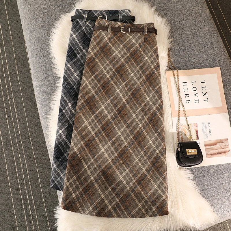 【国标裙长】百搭高腰格子半身裙女秋季A字复古高腰显瘦格纹毛呢裙