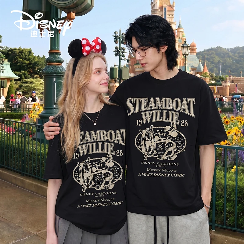 Disney/迪士尼60支凉感美式复古夏季T恤圆领男女短袖落肩百搭款