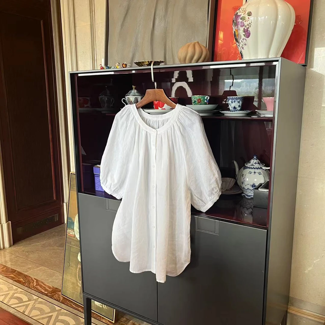 MYL 软亚麻白色衬衫2023夏季新品灯笼袖宽松上衣