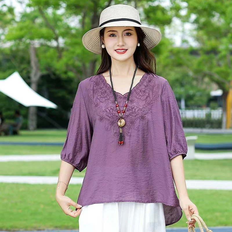 五分袖短款宽松型常规刺绣T恤气质中袖绣花套装遮肚