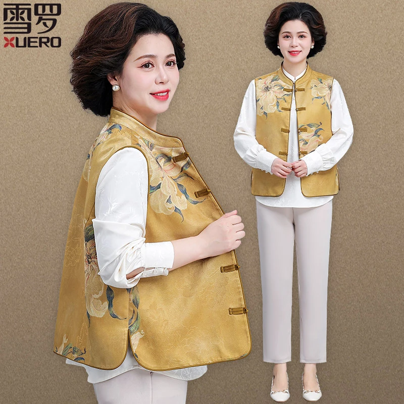 中老年妈妈春装国风马甲2025新款开春搭配一整套阔太太套装女春秋