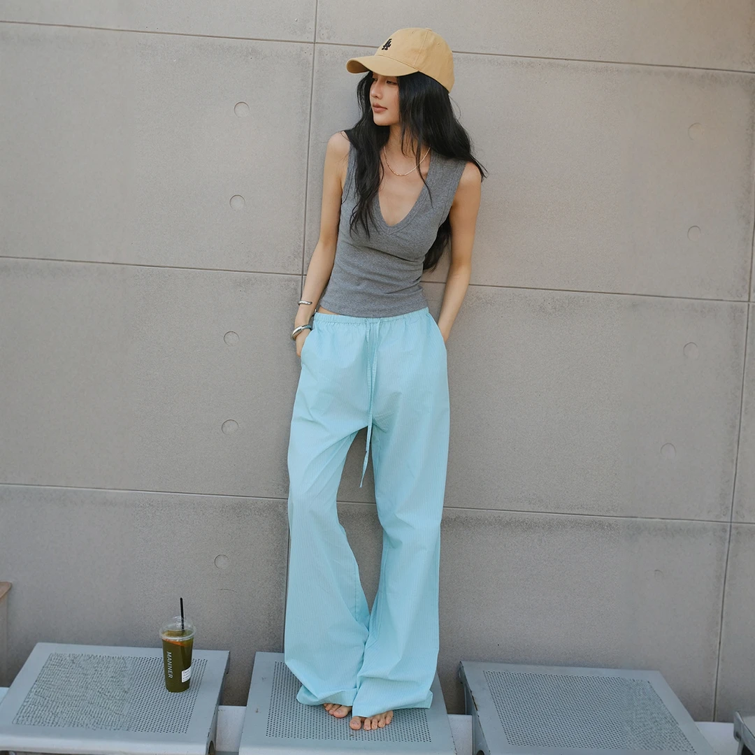 FRESH UP夏日氧气感天丝竖条纹休闲裤女宽松直筒显瘦拖地阔腿长裤