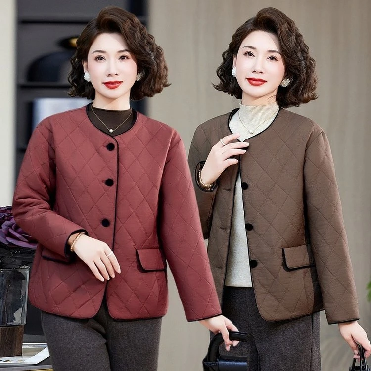 秋冬装新款夹棉薄棉衣时尚圆领妈妈装中老年40岁50显瘦棉袄外套女