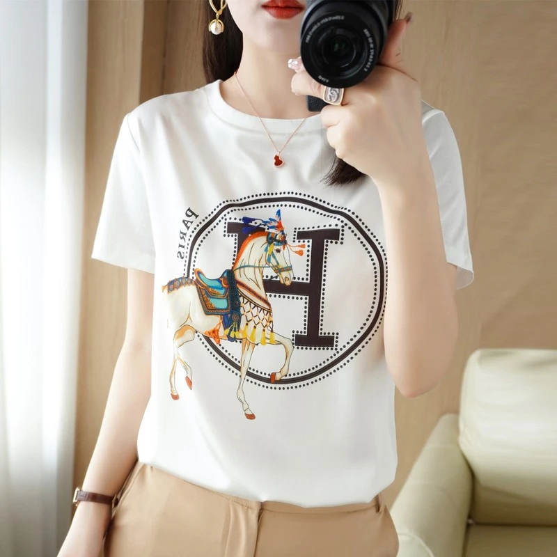 1207夏季时尚圆领短袖女显瘦气质百搭显瘦缎面拼接短袖