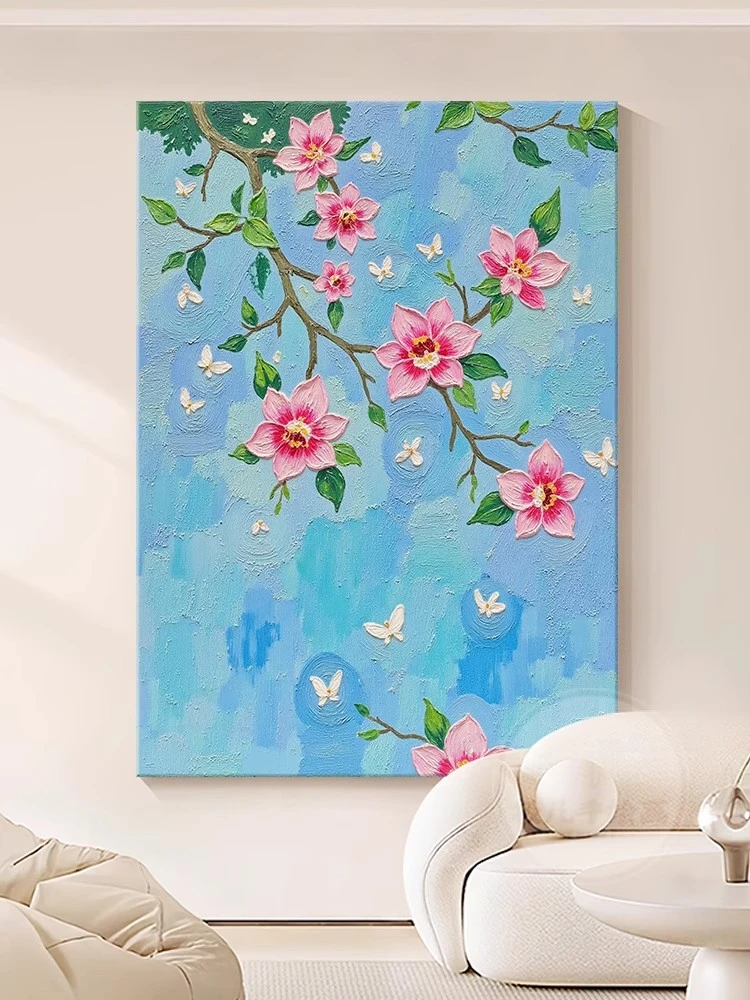 奶油风客厅沙发背景墙装饰画卧室纯手绘花卉蝴蝶肌理油画玄关挂画