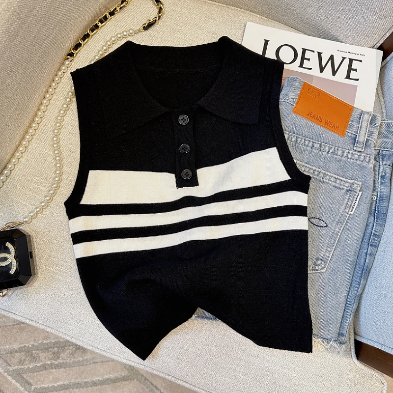 法式翻领条纹针织背心女夏季小香风修身显瘦气质减龄洋气马甲上衣
