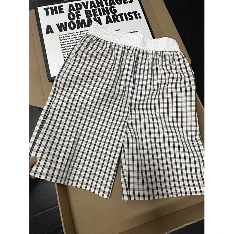 美式泡泡纱格子短裤男夏季冰丝垂感休闲阔腿裤直筒休闲运动五分裤
