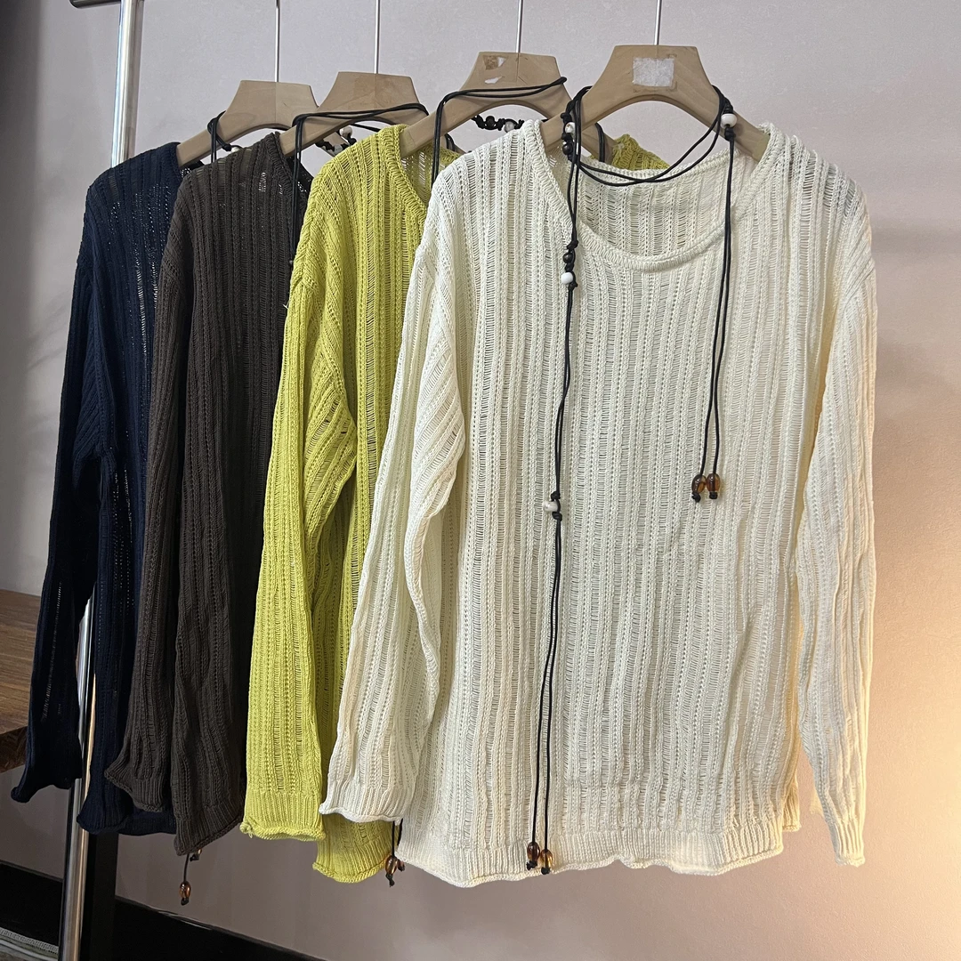 镂空毛衣长袖毛针织衫上衣圆领早秋时尚针织衫