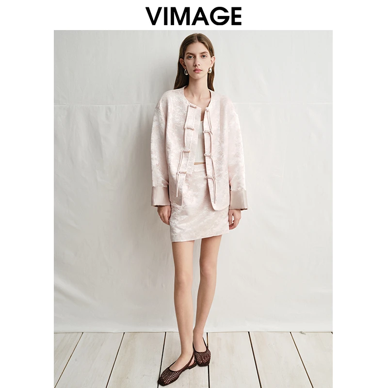 VIMAGE/纬漫纪新中式浅粉高腰暗纹印花a字短裙半身裙V2306904