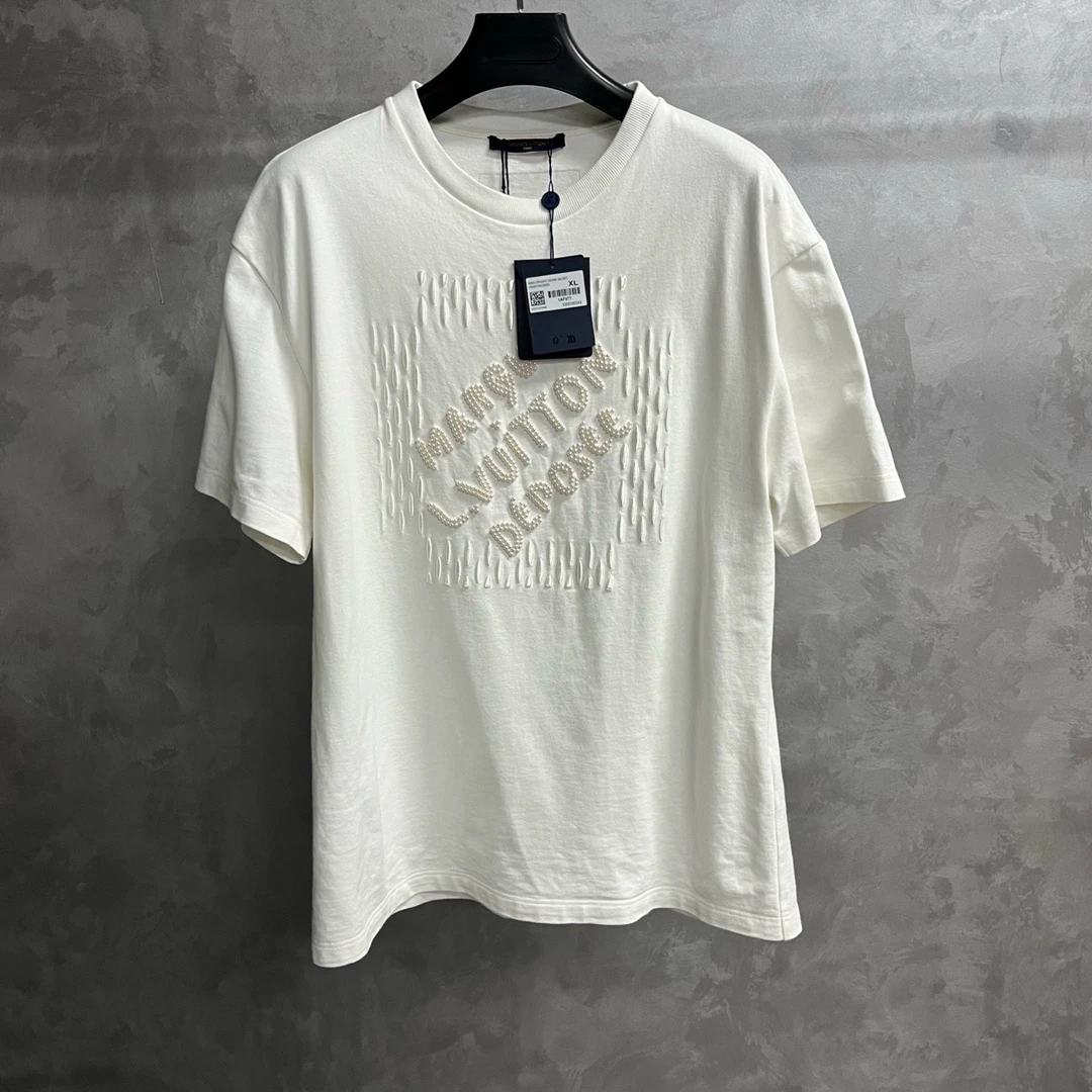 99新 LouisVuitton/路易威登 奶白色珍珠刺绣圆领休闲短袖T恤XL