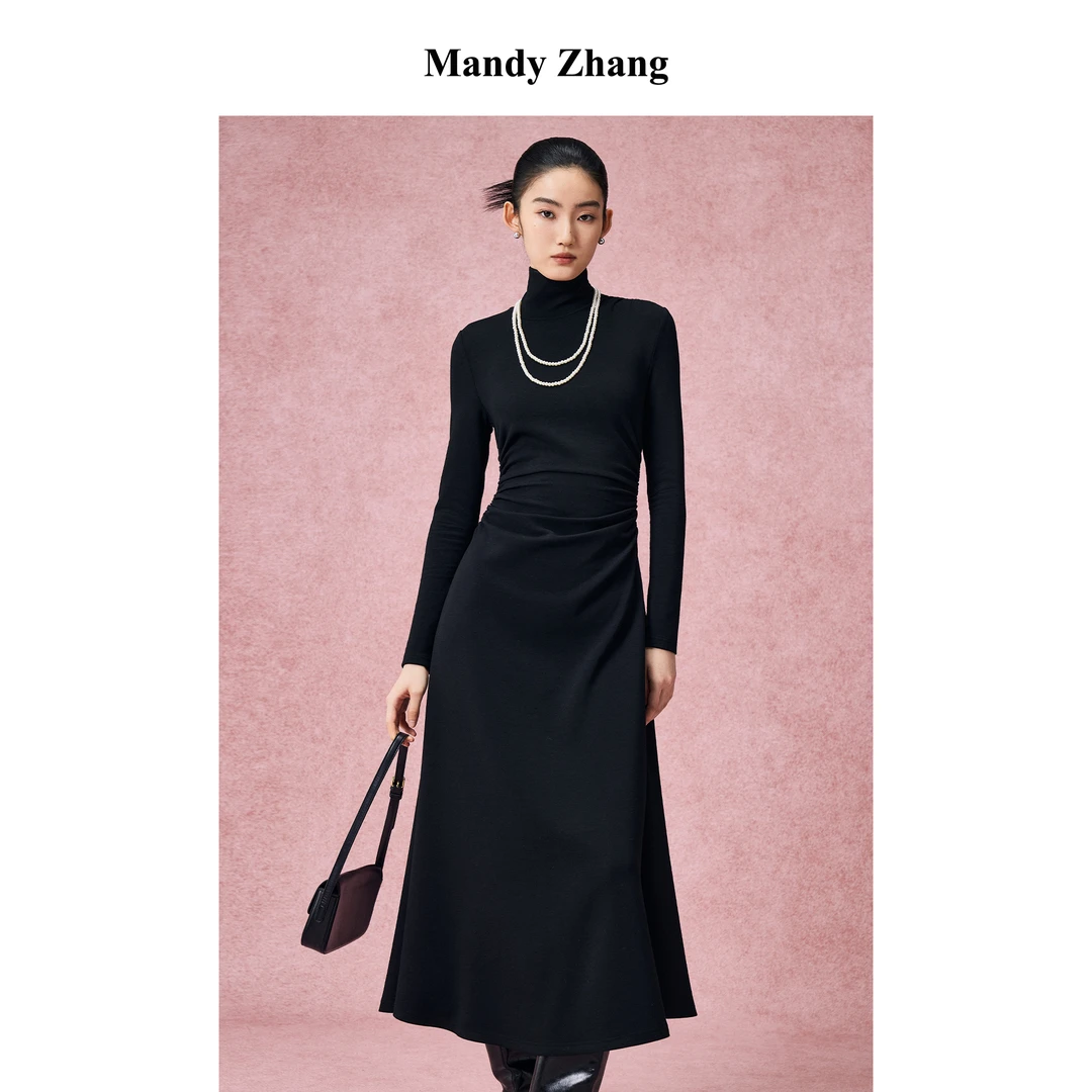 【CC王专属】MandyZhang连衣裙女秋冬褶皱高领裙子MQZ5849