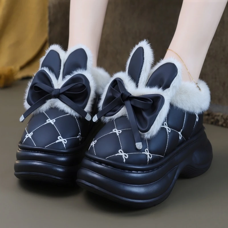 可爱兔耳棉拖鞋女冬季加绒保暖包跟棉鞋室内家居家用防水厚底外穿