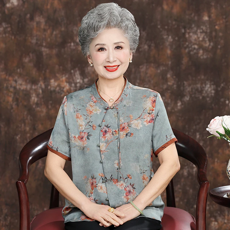 奶奶夏装新中式国风衬衫中老年人夏季上衣女50-60岁妈妈短袖衣服