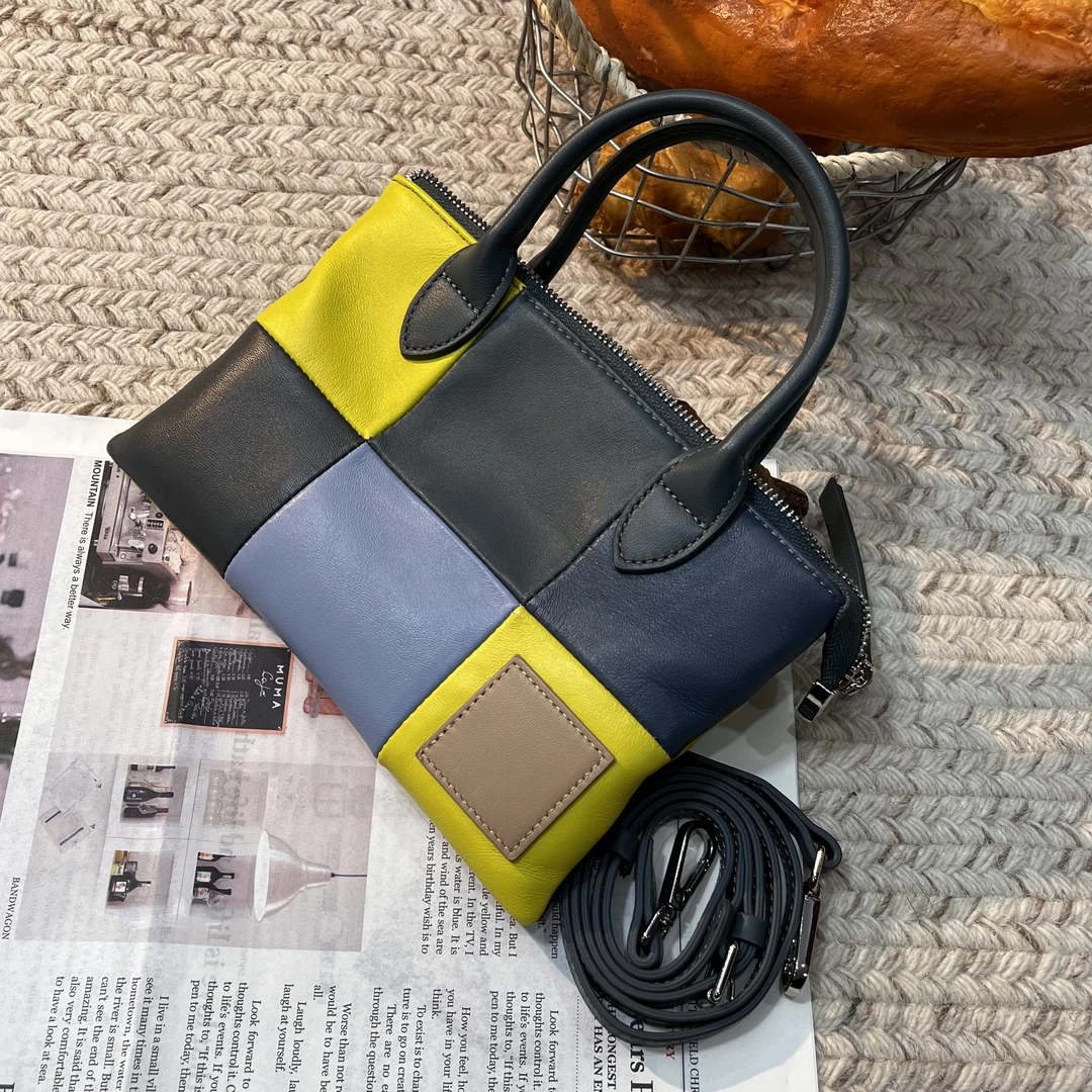 陈三北AY368【拼色六格】龙虾 灰蓝色 23CM 羊皮 手提斜挎百搭女包